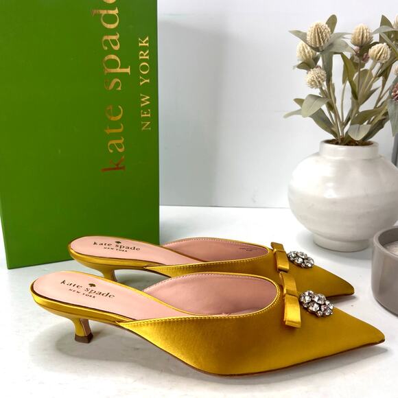 Kate Spade Darlene Satin Crystal/Bow Kitten Heel Mule Roasted Maze Women 8.5B - Picture 2 of 11